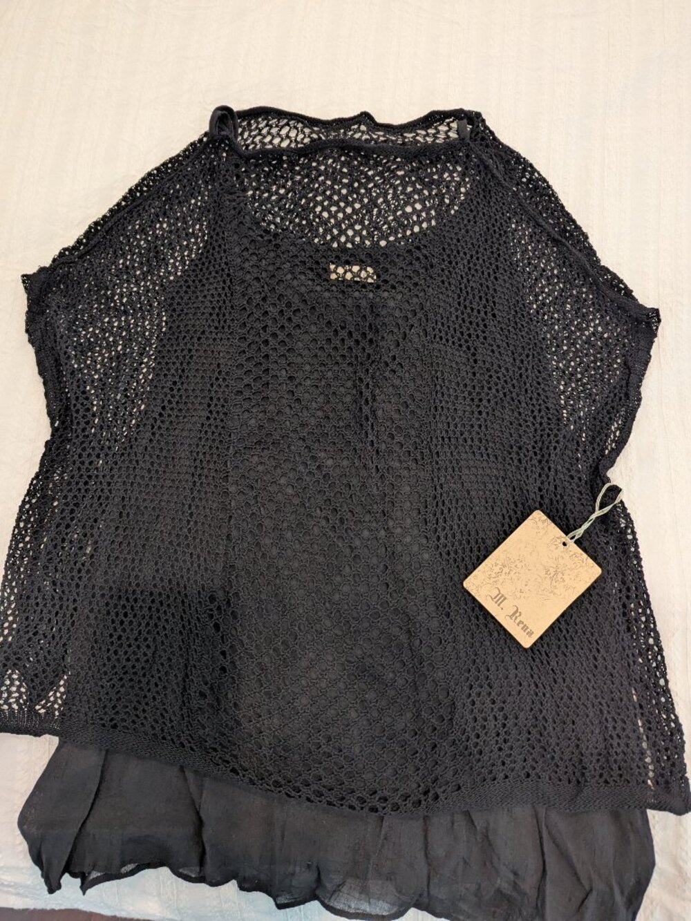M. Rena NWT Black Boat Neck Crochet Layered Tunic Top Size Medium